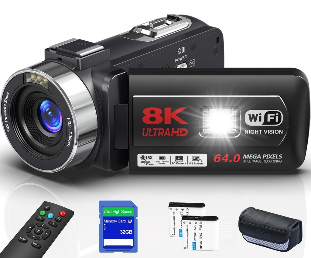 8K 64MP Video Camera Camcorder with IR Night Vision Vlogging Camera, 18X Zoom Digital 3.0 i