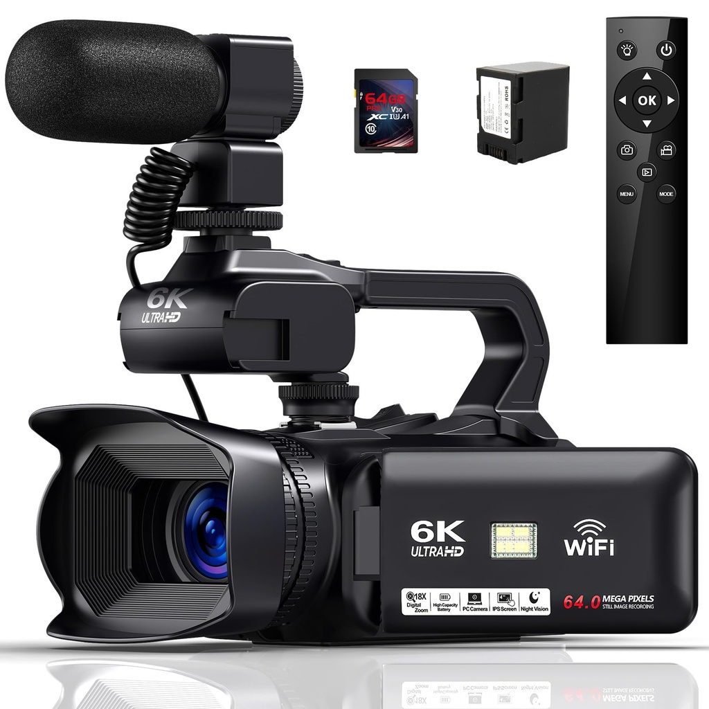 Camcorder 6K 64MP Video Camera 18X Digital Zoom IR Night Vision 4.0 Inch Touch Screen Vlogg