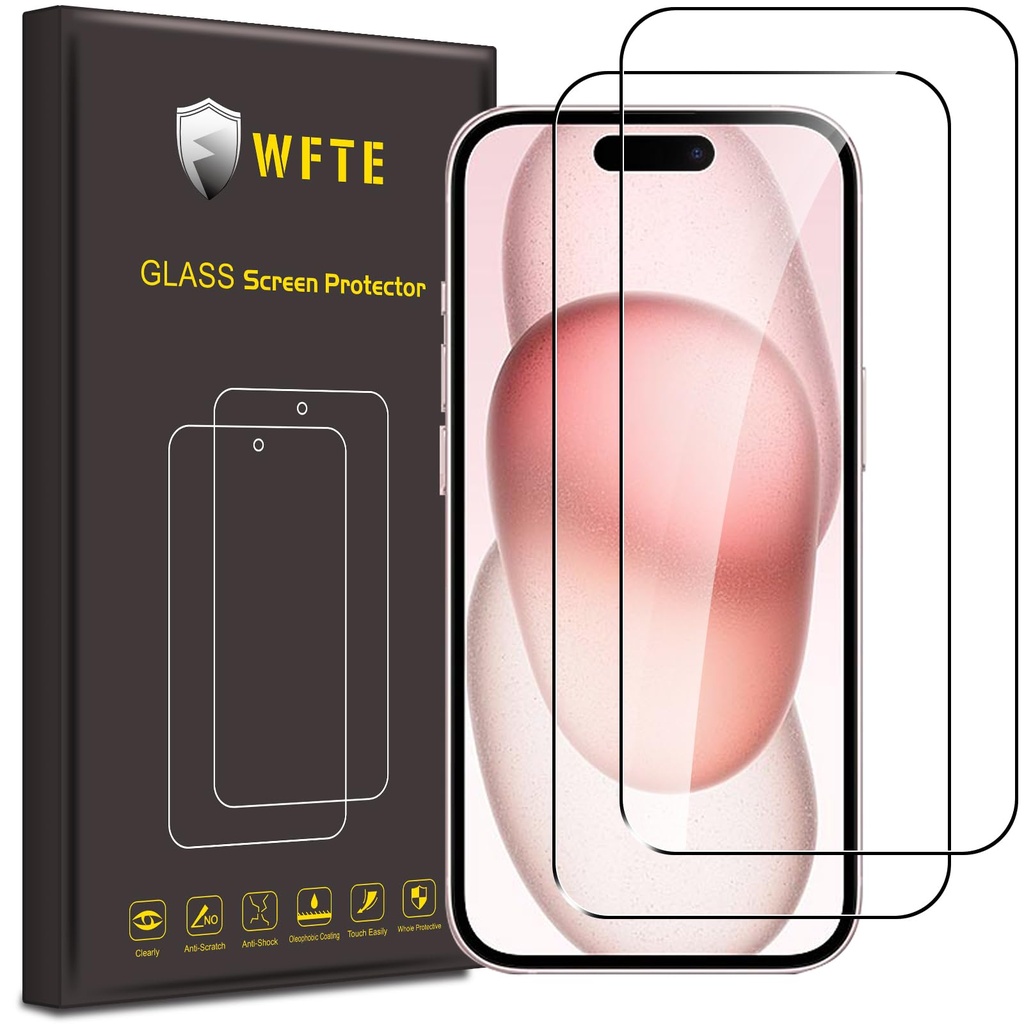 WFTE 2-Pack Tempered Glass for iPhone 15/iPhone 15 Pro Screen Protector,9H Hardness,Anti-Sc