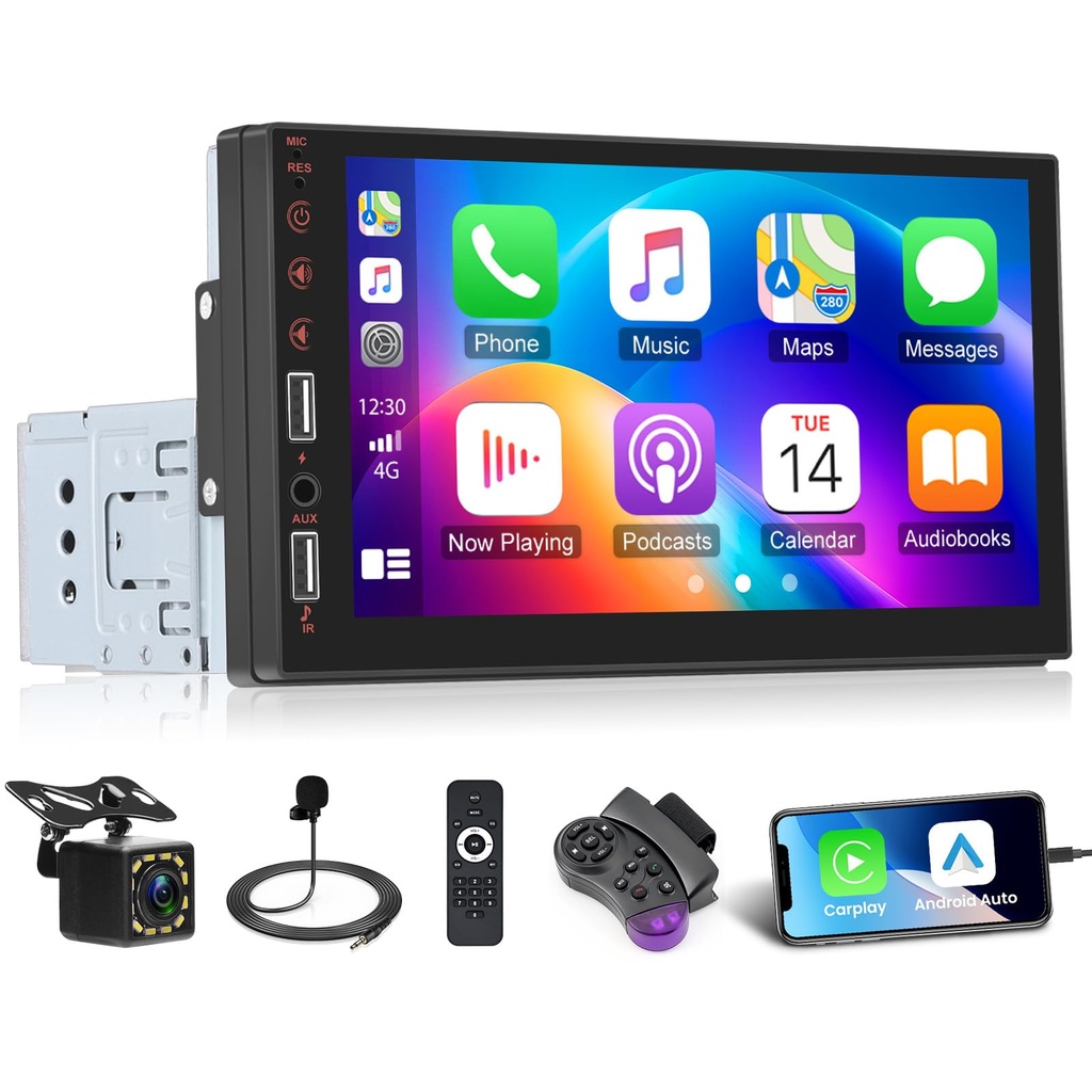 7 Inch Single Din Car Stereo Wireless CarPlay Android Auto, Single Din Touch Screen Radio B