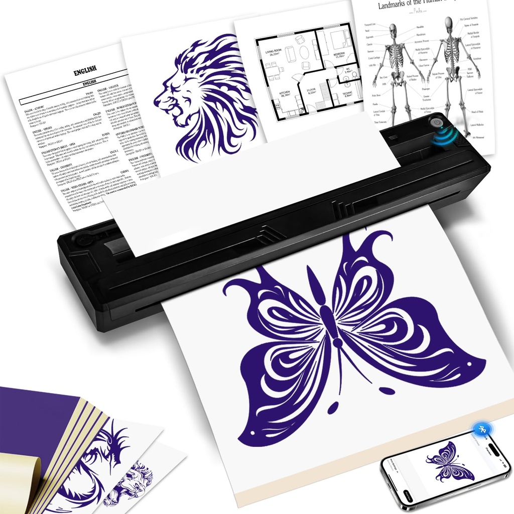 SMOCTAR Tattoo Stencil Printer with 10pcs Transfer Paper & A4 Thermal Paper, Bluetooth Tatt