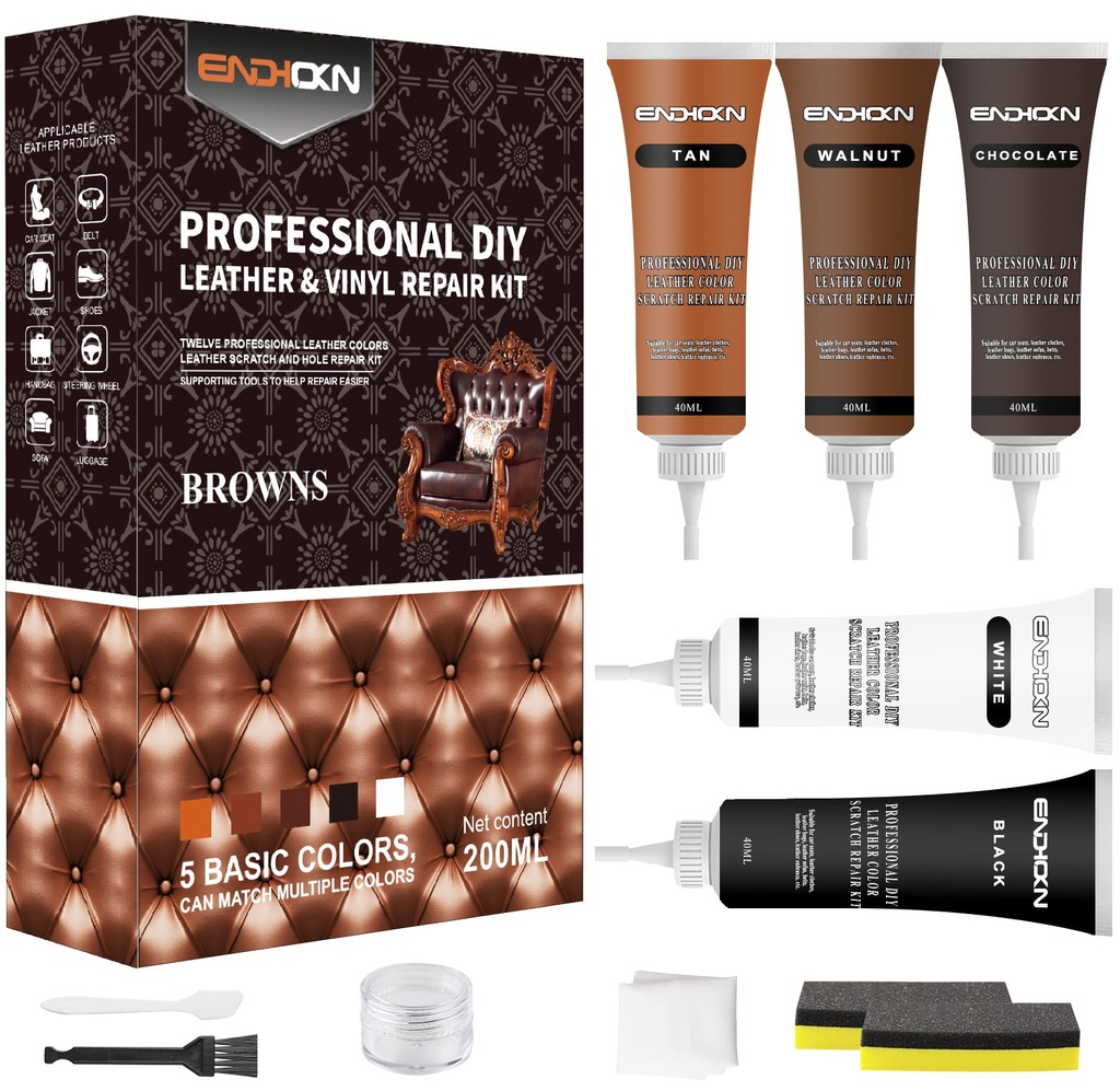 Leather and Vinyl Repair Kit 5 Colors, Endhokn Leather Repair Kit for Sofas, Car Seats, Jac