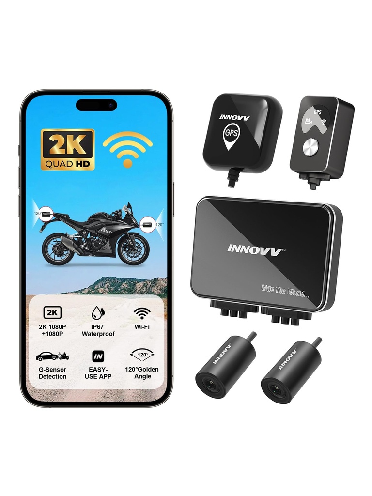 INNOVV K7 Motorcycle Dash Cam Front and Rear, 2K+2K Ultra HD Motorbike Camera