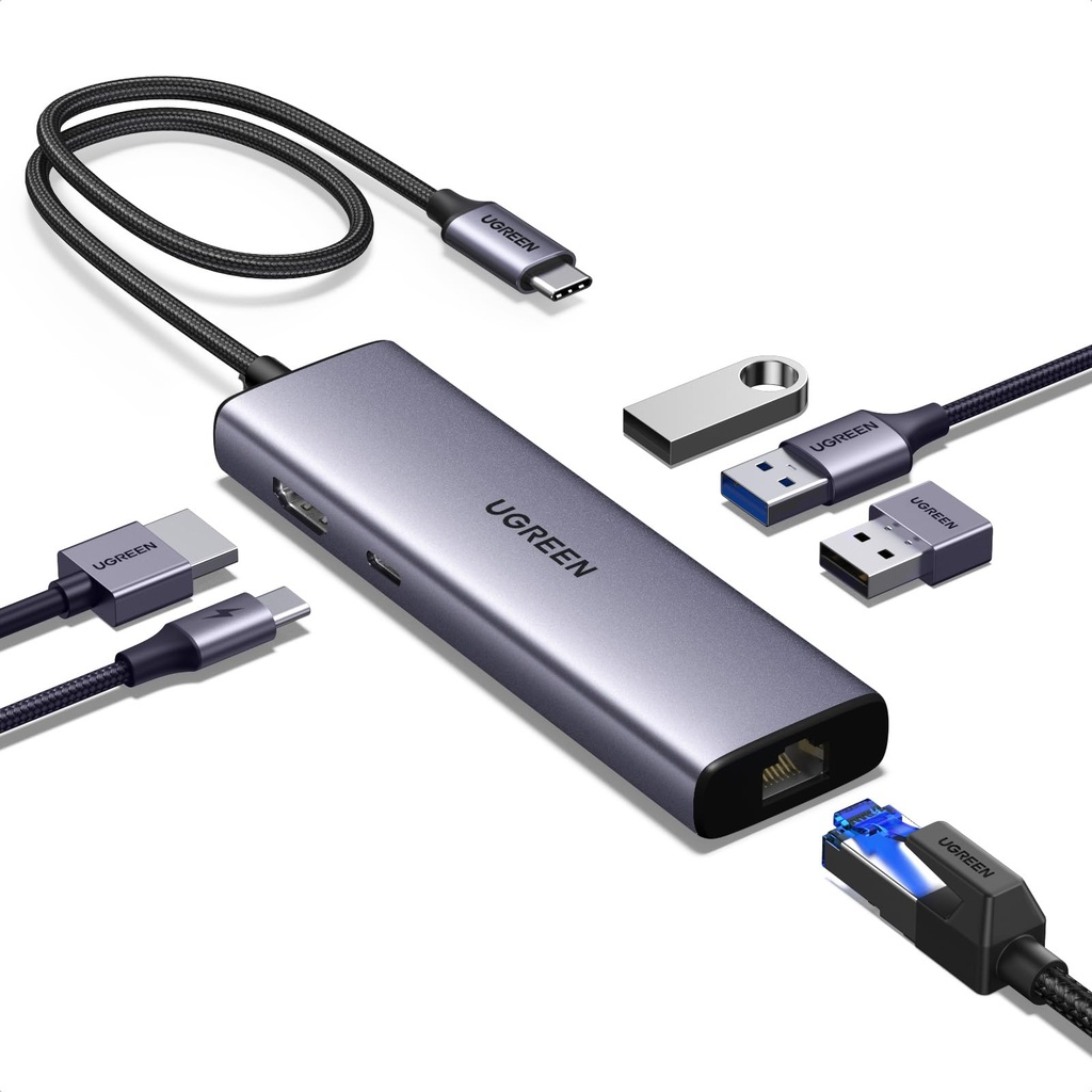 UGREEN USB C Hub, 6-in-1 USB Multiport Adaptor, 1Gbps USB-C to Ethernet Adapter, 4K HDMI, 1