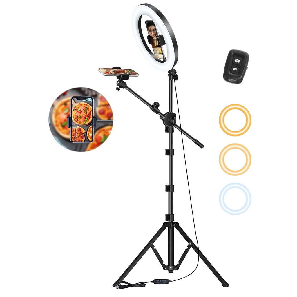 LUXSURE 10.5" Ring Light with Stand 75'' Tall and 2 Phone Holder, Overhead Tripod with Remote