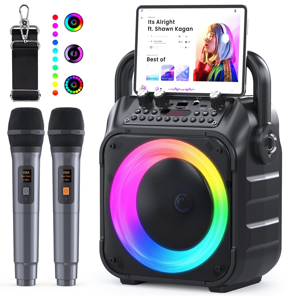 Karaoke Machine 2 Microphones [Upgraded Version] 12W 6.5" Subwoofer Portable Bluetooth Speaker
