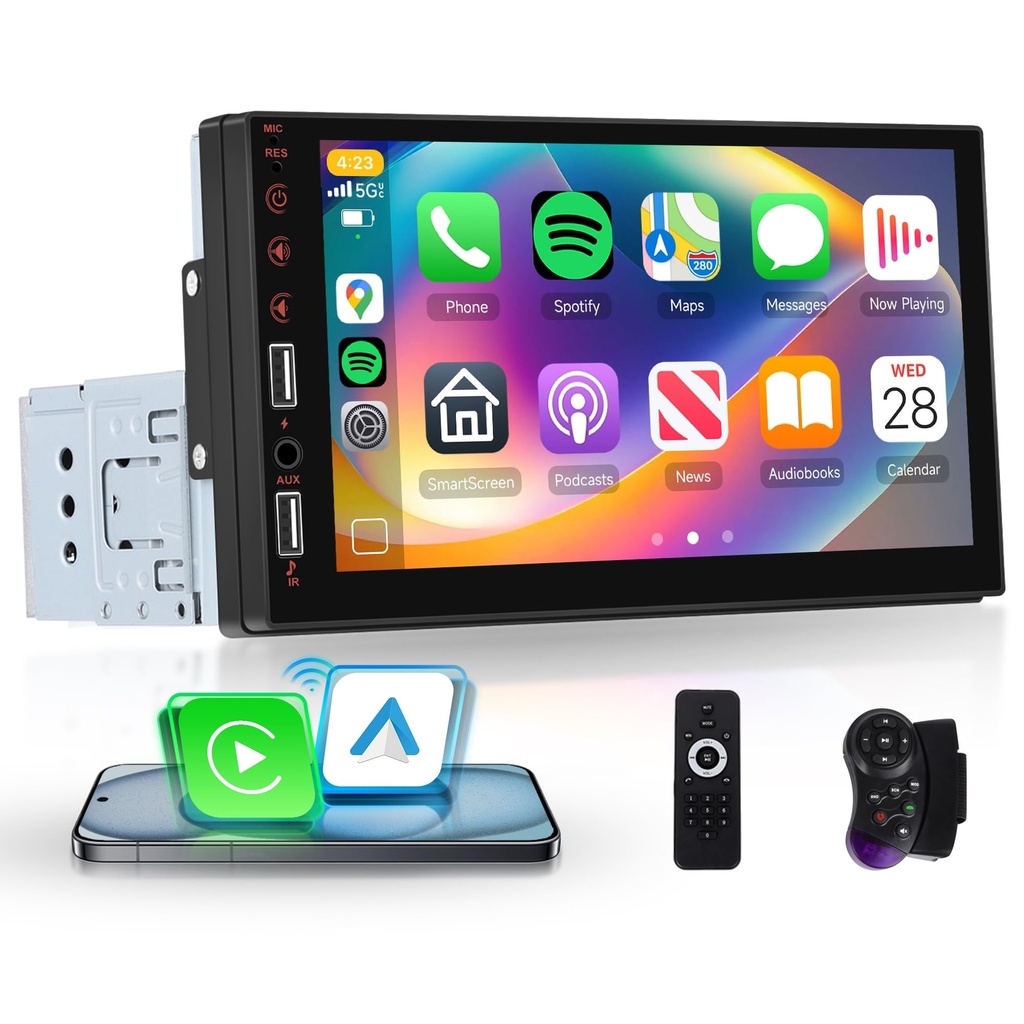 Rimoody Single Din Car Stereo with Wireless Carplay Android Auto 7 Inch Touch Screen 1 Din