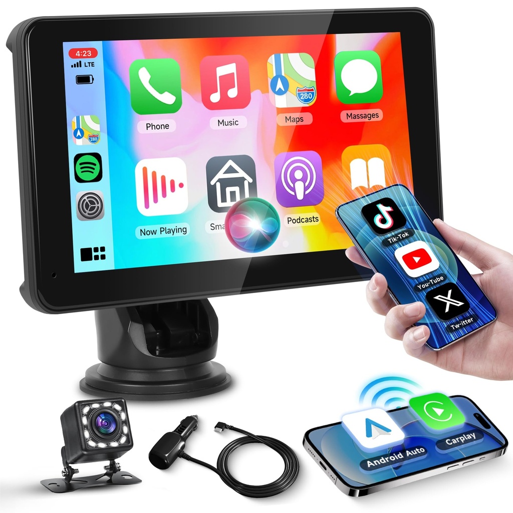 Portable Car Stereo Wireless Carplay Screen with Backup Camera Android Auto Screen, Rimoody