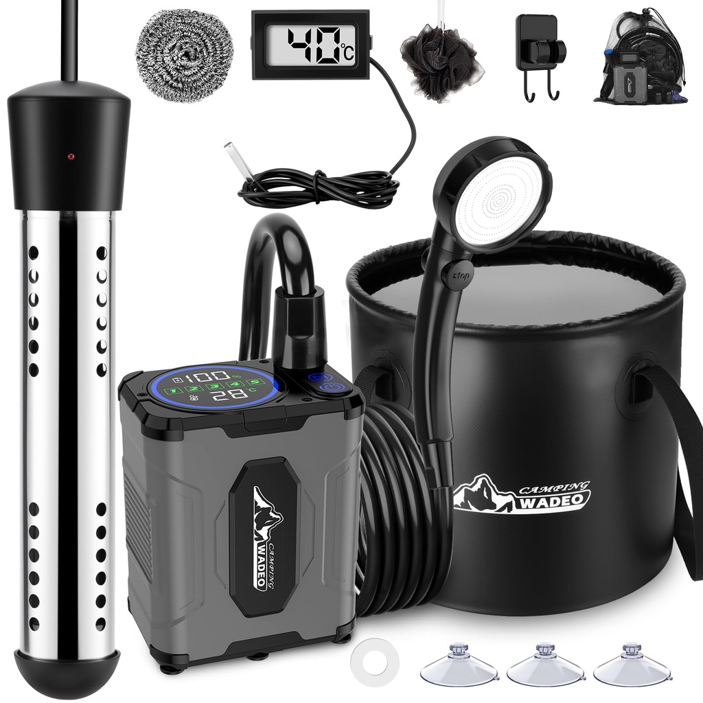WADEO Portable Shower, [Heating Water Function] [10 Days Runtime], Rechargeable Outdoor Show