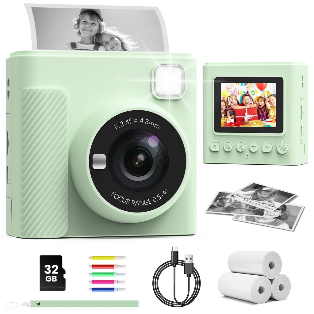 TIATUA Kids Camera Instant Print, 2.4'' Instant Camera for Kids with 32G Card & Print Photo