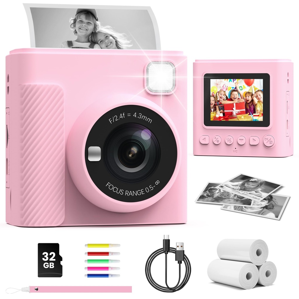 TIATUA Kids Camera Instant Print, 2.4'' Instant Camera for Kids with 32G Card & Print Photo