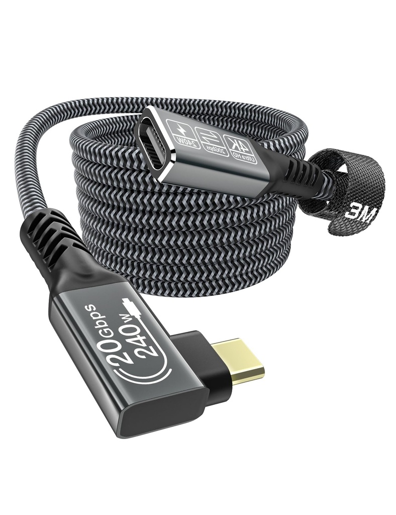 CAKOBLE USB C Extension Cable 3M,[20Gbps 240W] Right Angle usb c 3.2 extension cable 20gbps