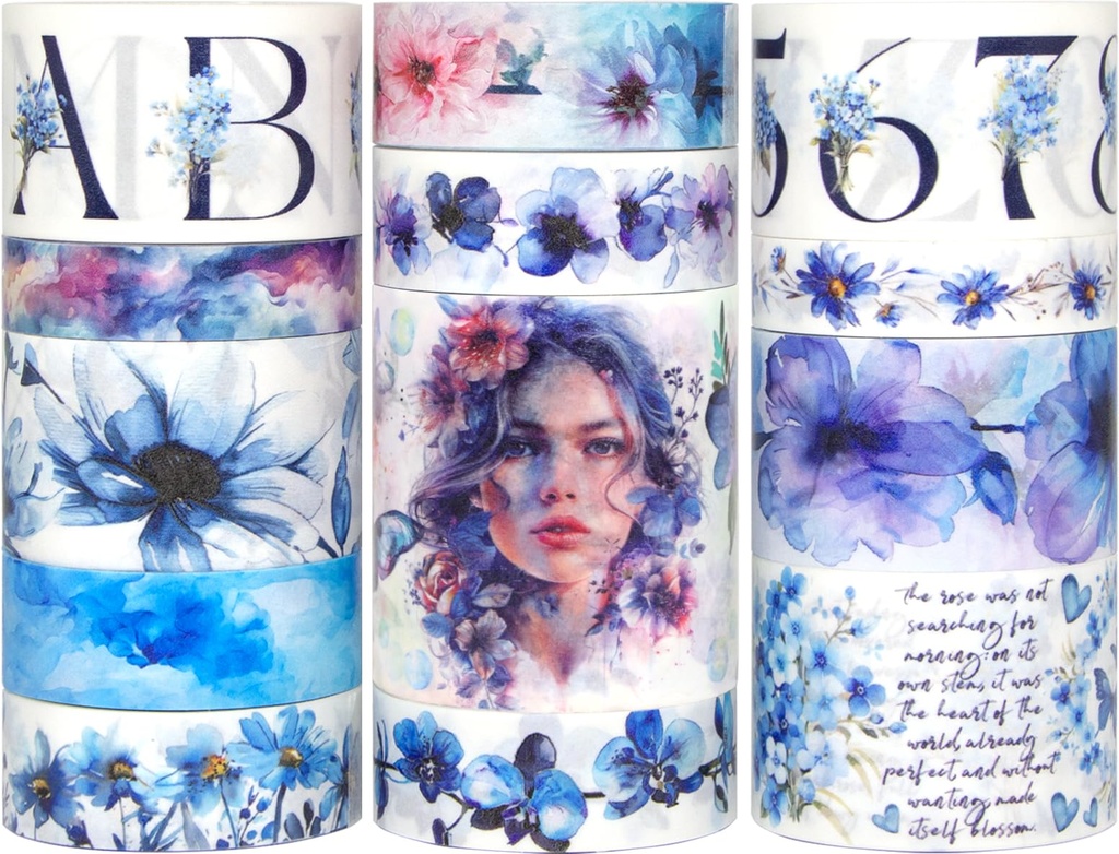 Floral Washi Tape Set - 13 Rolls Blue Washi Tapes for Bullet Journaling, Scrapbooking, 5 Si