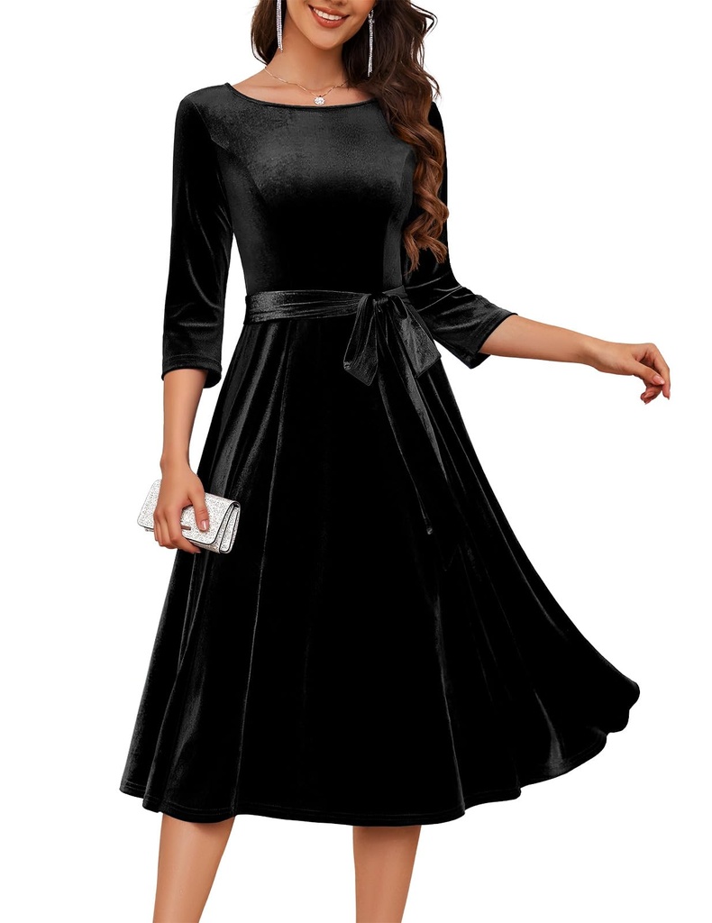 DRESSTELLS Black Velvet Dresses for Women, Vintage Wedding Guest Velour Dress Knee Length,