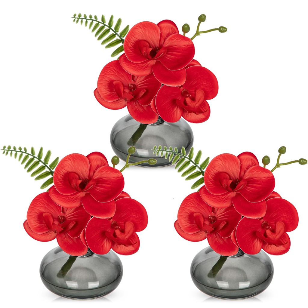 Briful Set of 3 Artificial Orchids in Dimgray Glass Vase, Red Orchids Fake Flowers in Faux