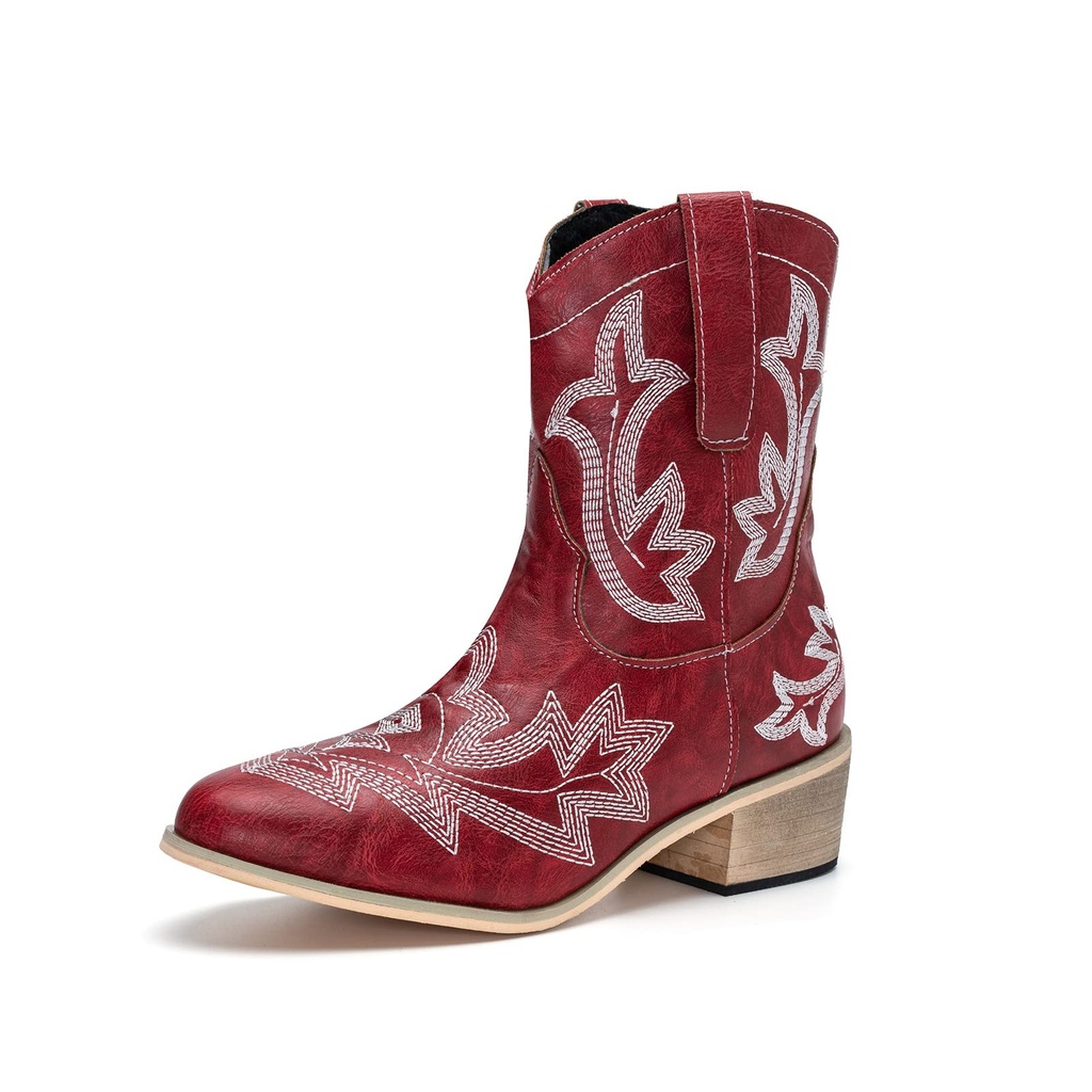 Ophestin Womens Western Cowboy Boots Low Chunky Pointed Toe Embroidery Wide Calf Cowgirl Bo
