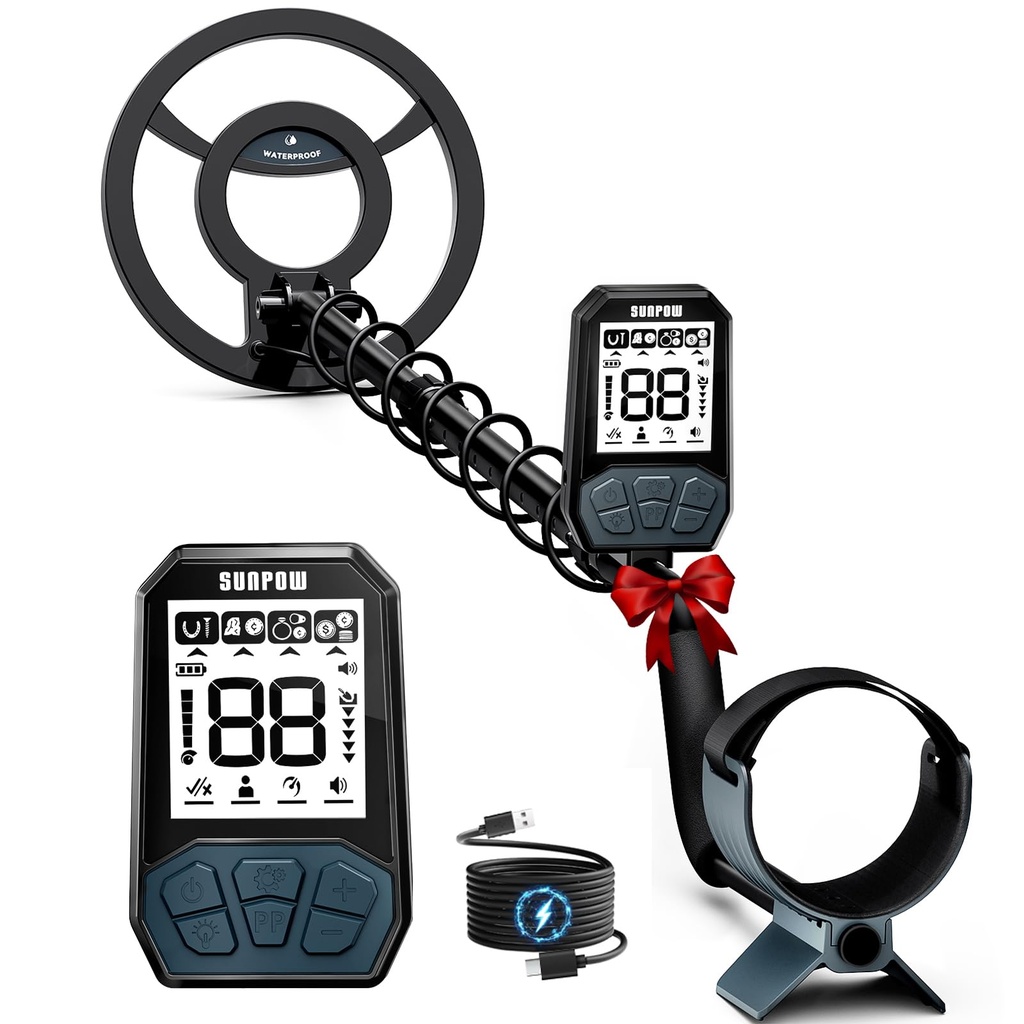 SUNPOW Rechargeable Metal Detector for Adults & Kids - 20H Long Battery-4 Modes Gold Detect