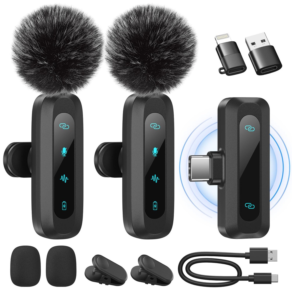 Wireless Lavalier Microphone for iPhone, iPad, Android Phone, 2-Pack Mini Microphone with N