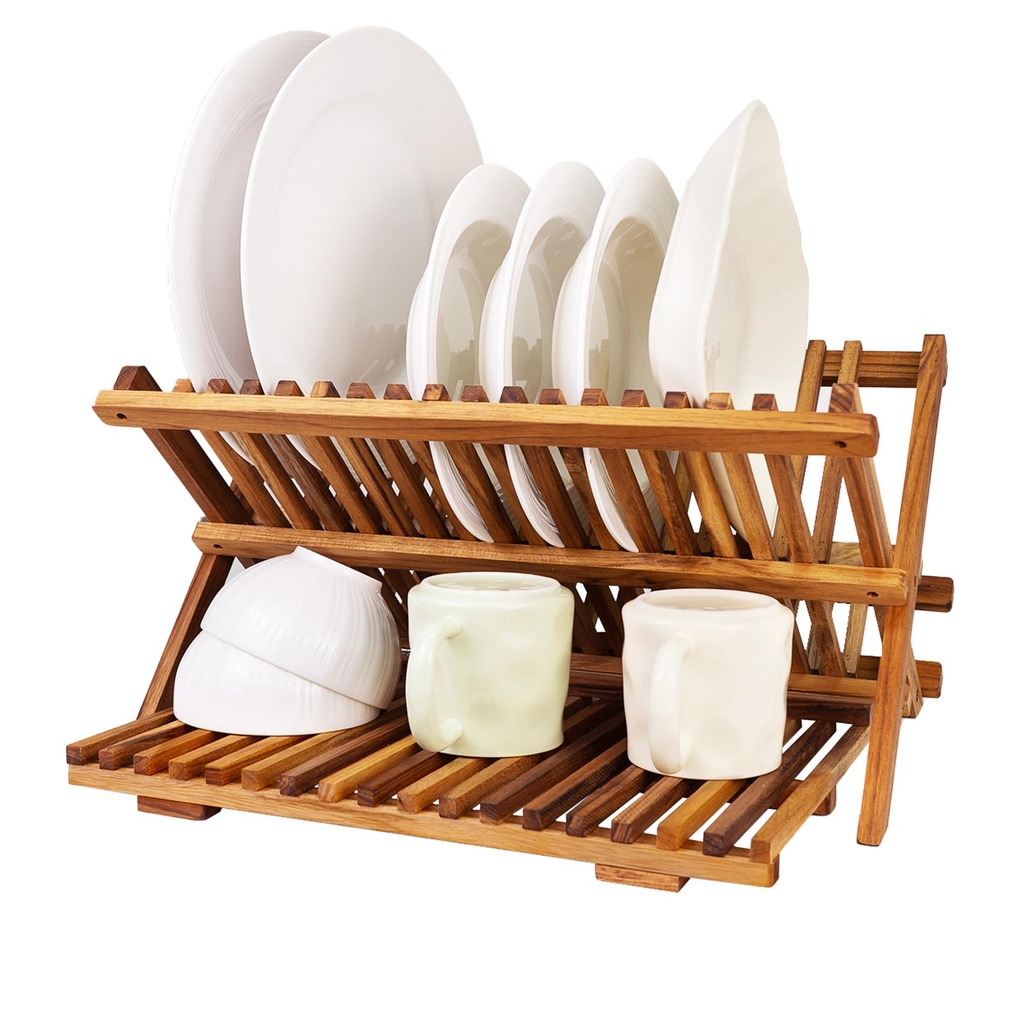 Utoplike 3 Tier Collapsible Teak Wood Dish Drying Rack, Foldable Large Capacity Dish Draine