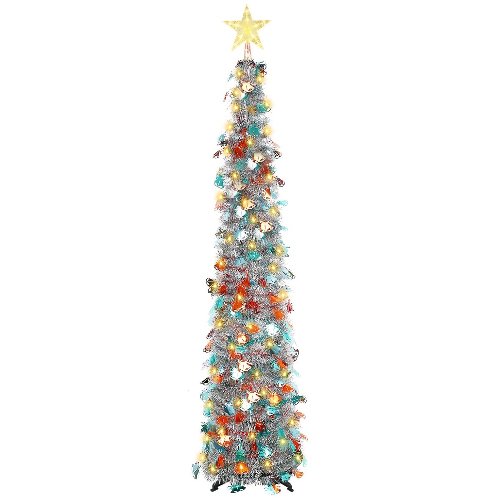 Pop Up Christmas Tree, 150cm/5ft Collapsible Artificial Tinsel Xmas Tree with LED Light
