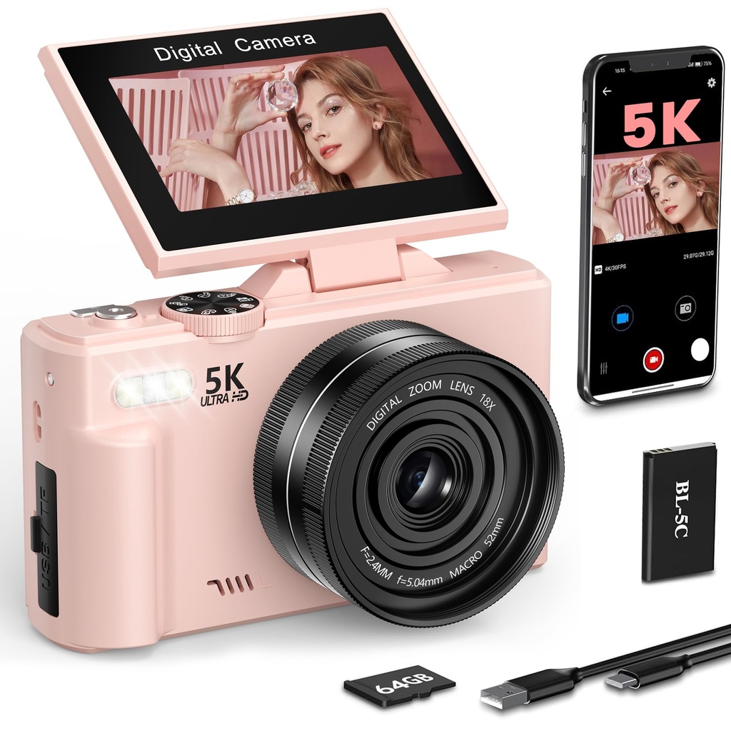 LONGYI Digital Camera 5K 75MP Cameras for Photography Vlogging with WIFI, 64GB Card, 18X 