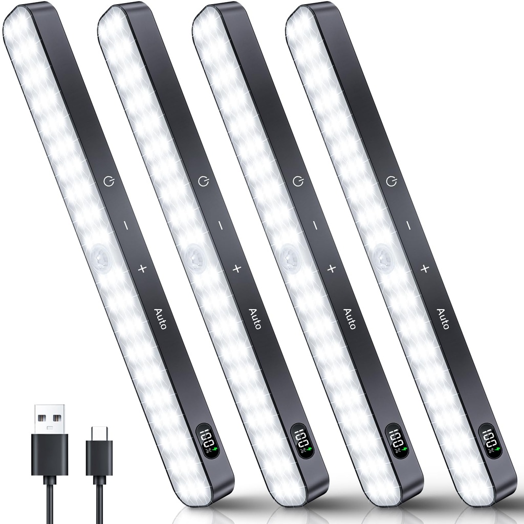 Ferswe Motion Sensor Lights Indoor, 4 Pack Rechargeable Under Cupboard Kitchen Lights, Battery