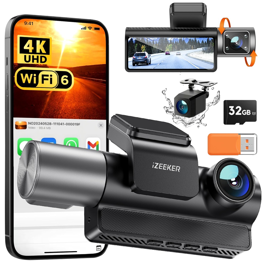 iZEEKER 3-Channel 4K Dash Cam with FREE 32GB Card, 4K+1080P+1080P Front & Rear & Interior 