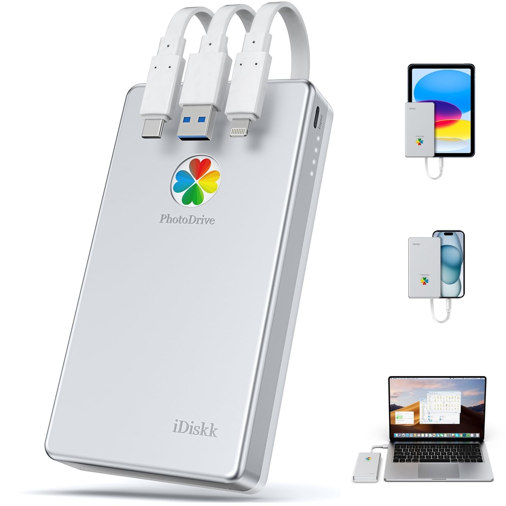 iDiskk 2TB(2000GB) External lightning iPhone Hard drive,MFi Certified 3 in 1 built in cable