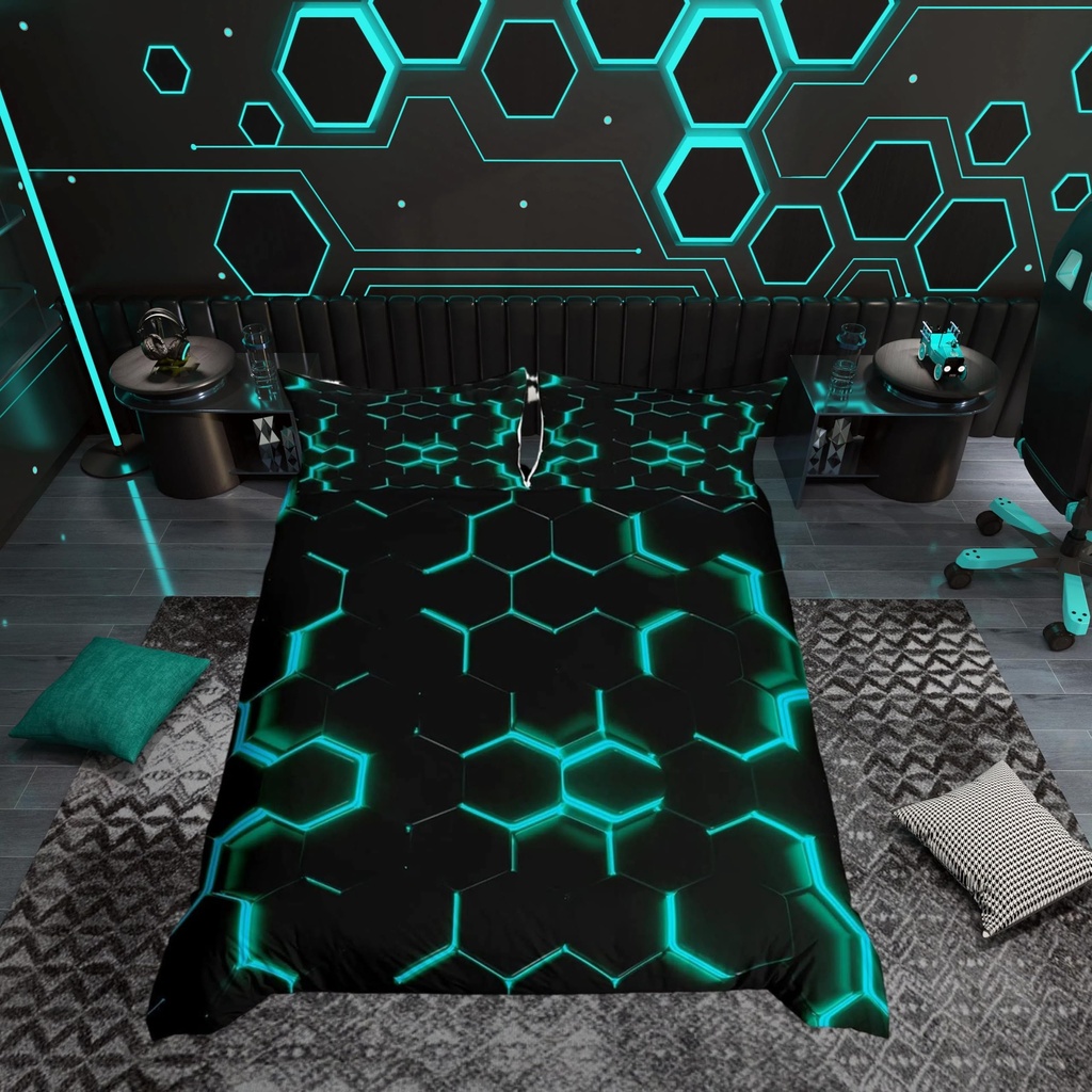 Teal and Black Print Duvet Cover Hexagonal Bedding Set Kids Boys Teens Honeycomb Decor Comf