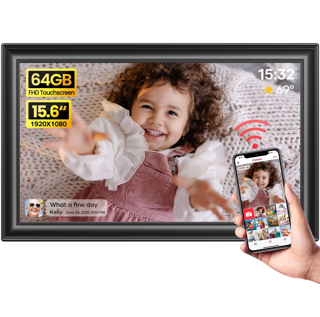 64GB 15.6" Frameo Digital Photo Frame WiFi Black - 1920 * 1080P FHD IPS Touch Screen Large
