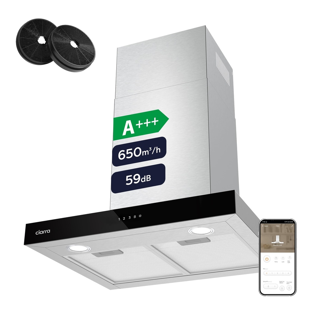 CIARRA CBCS6102 Cooker Hood 60cm WIFI APP Touch Control 650m??/h Recirculating&Ducting Wall