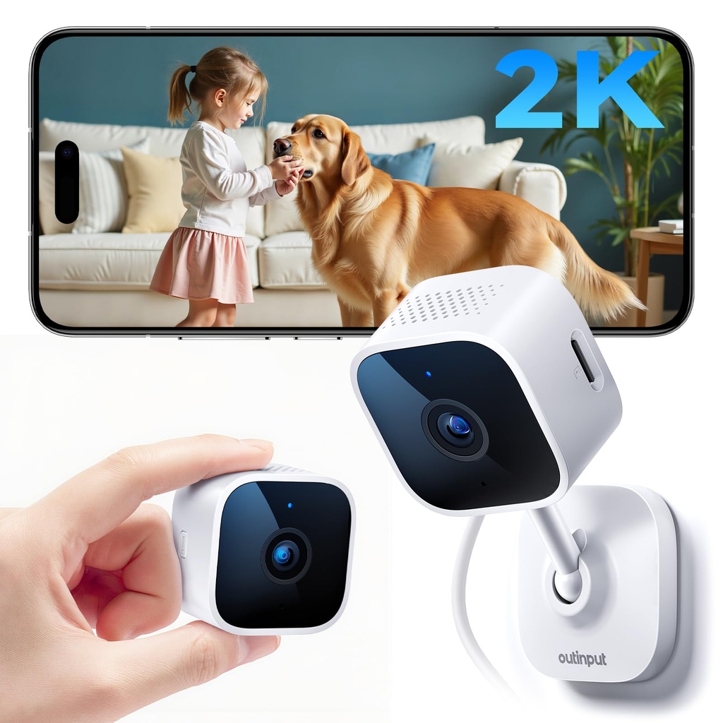 Outinput 2K 3MP Indoor Security Camera, 2.4GHz WiFi CCTV Camera Indoor for Home with Night
