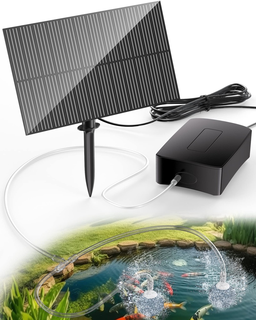 Biling Solar Pond Aerator Pond Air Pump with Battery, 0.8L/MIN Solar Pond Oxygenator 3 Mode