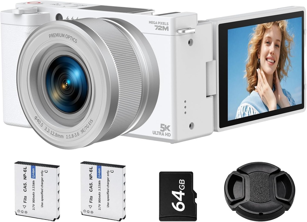 5K Digital Camera for Photography, 6X Optical Zoom Vlogging Camera for YouTube 72MP Autofocus