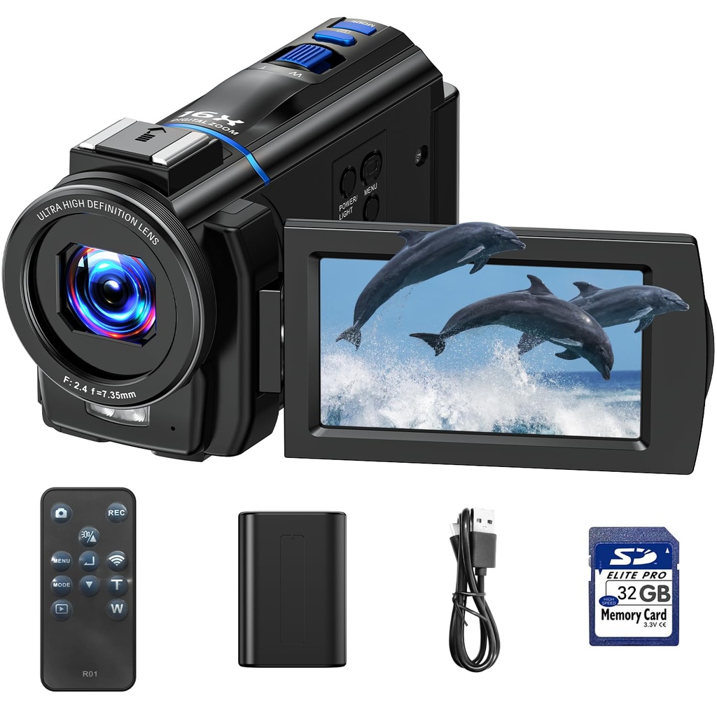 4K Camcorder Video Camera, 48MP Vlogging Camera with 3" 270° Rotatable Touch Screen