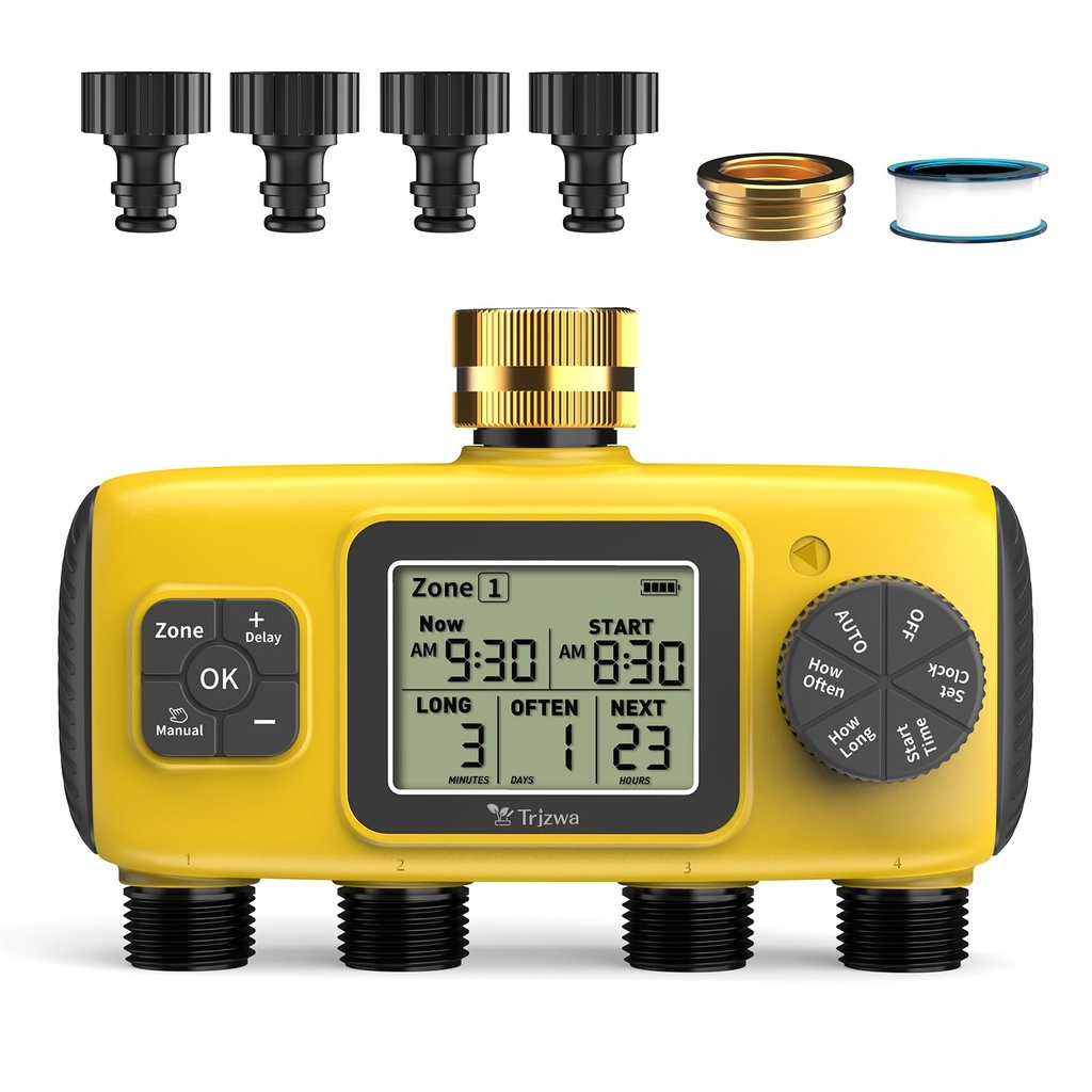 TRJZWA Four Port Water Timer for Outdoor,LCD Display Sprinkler Timer,Three Independent Water