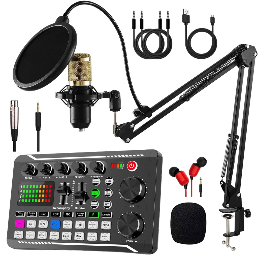 Podcast Equipment Bundle, Audio Interface with Voice Changer, Streaming Mic with Microphone