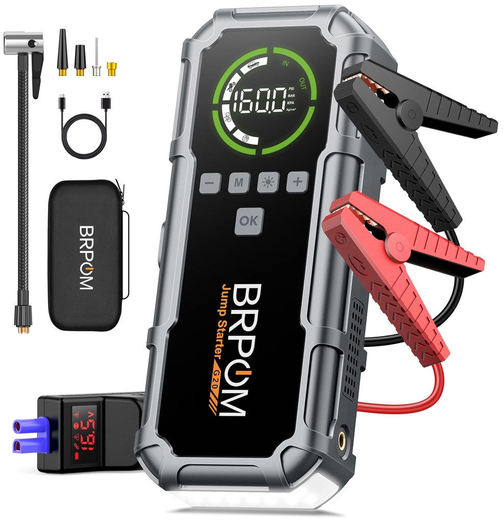 Jump Starter Power Pack with Air Compressor, BRPOM 8000A Portable Jump Starter 160PSI(All P