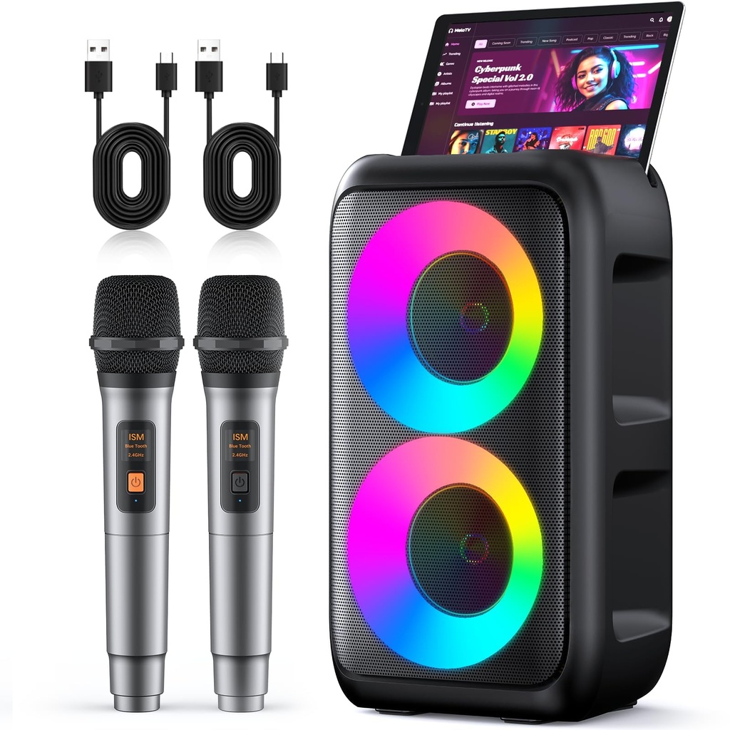 HEEBUKE Karaoke Machine, Portable Bluetooth Speaker with 2 Wireless Karaoke Microphones, 2x1