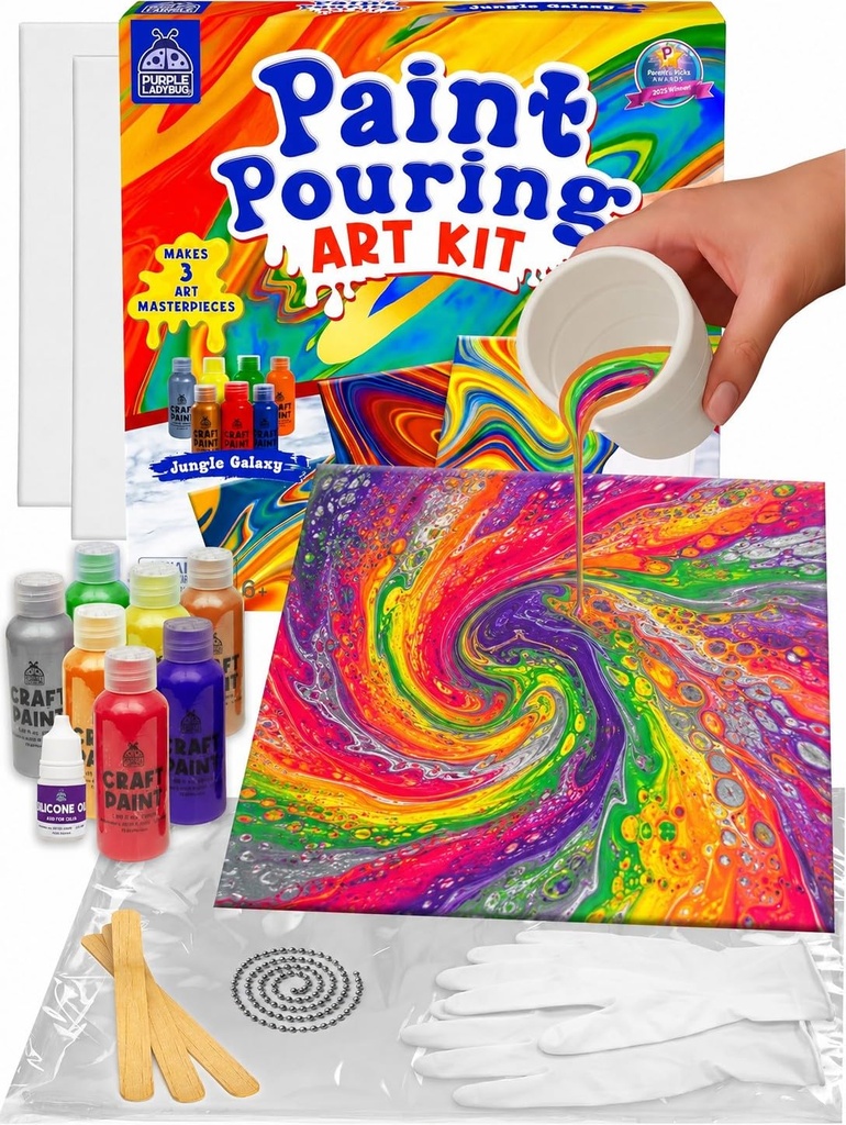 PURPLE LADYBUG Low-Mess Paint Pouring Kit for Ages 6+ - Washable Non-Toxic Painting Kit for