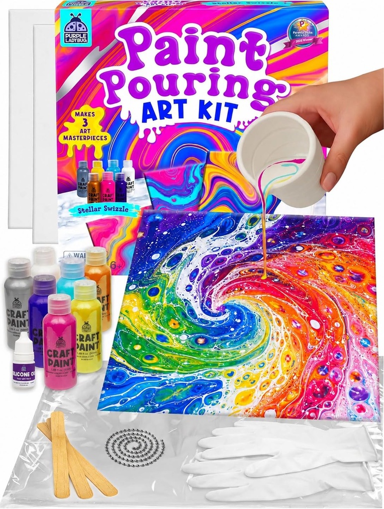 PURPLE LADYBUG Low-Mess Paint Pouring Art with Gloves & Table Cover - Washable & Non-Toxic