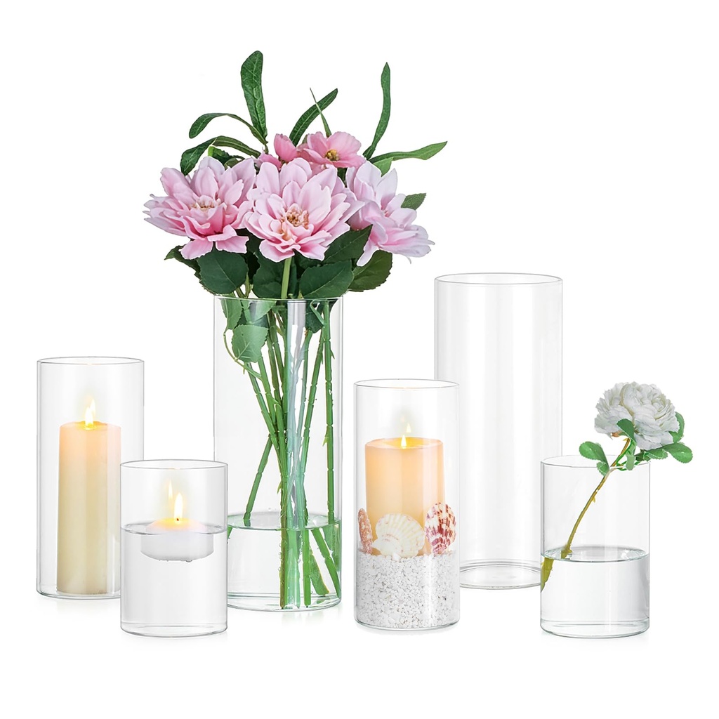 Glasseam Glass Cylinder Vase for Centrepiece: 6pcs Clear Flower Vase Set for Wedding Home L