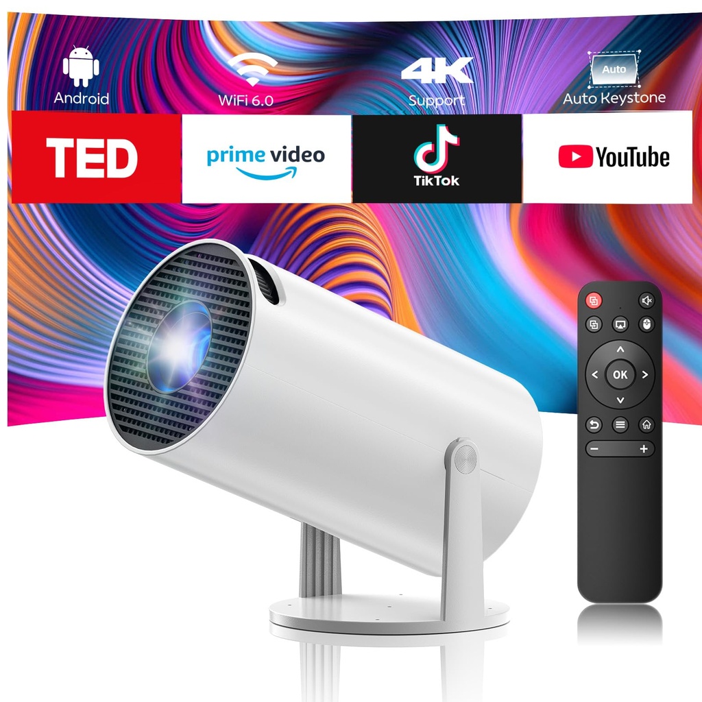 Mini Projector 4K WiFi 6 Bluetooth Smart Portable Projector with Android TV, Auto Keystone,
