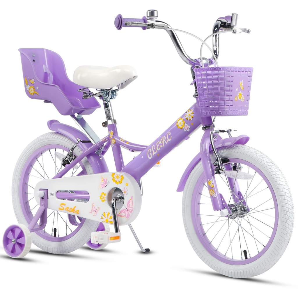 Glerc 16 Inch Girls Kids Bike for Children Ages 4 5 6 7 8 Years with Stabilisers & Doll-Seat