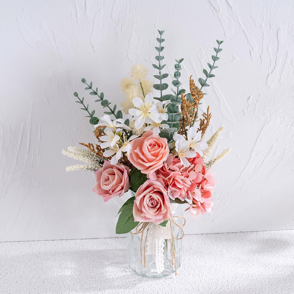 Yorkmills Artificial Pink Hydrangea with Vase for Home Spring Decor, Realistic Faux Roses