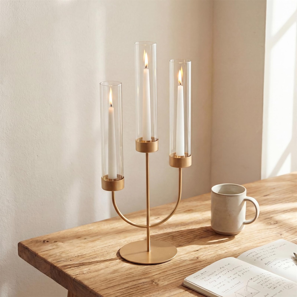 Sziqiqi Gold Candelabra Candle Holders: 3 Arm Candelabra Centrepiece with Glass Hurricane f