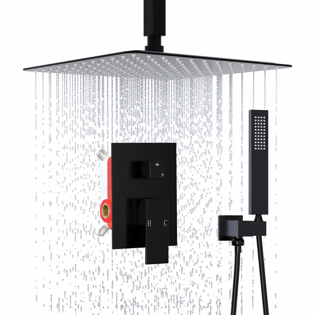 Matte Black Concealed Shower System, 16 Inch Rainfall Shower Head with Handheld Spray, 2 Fu