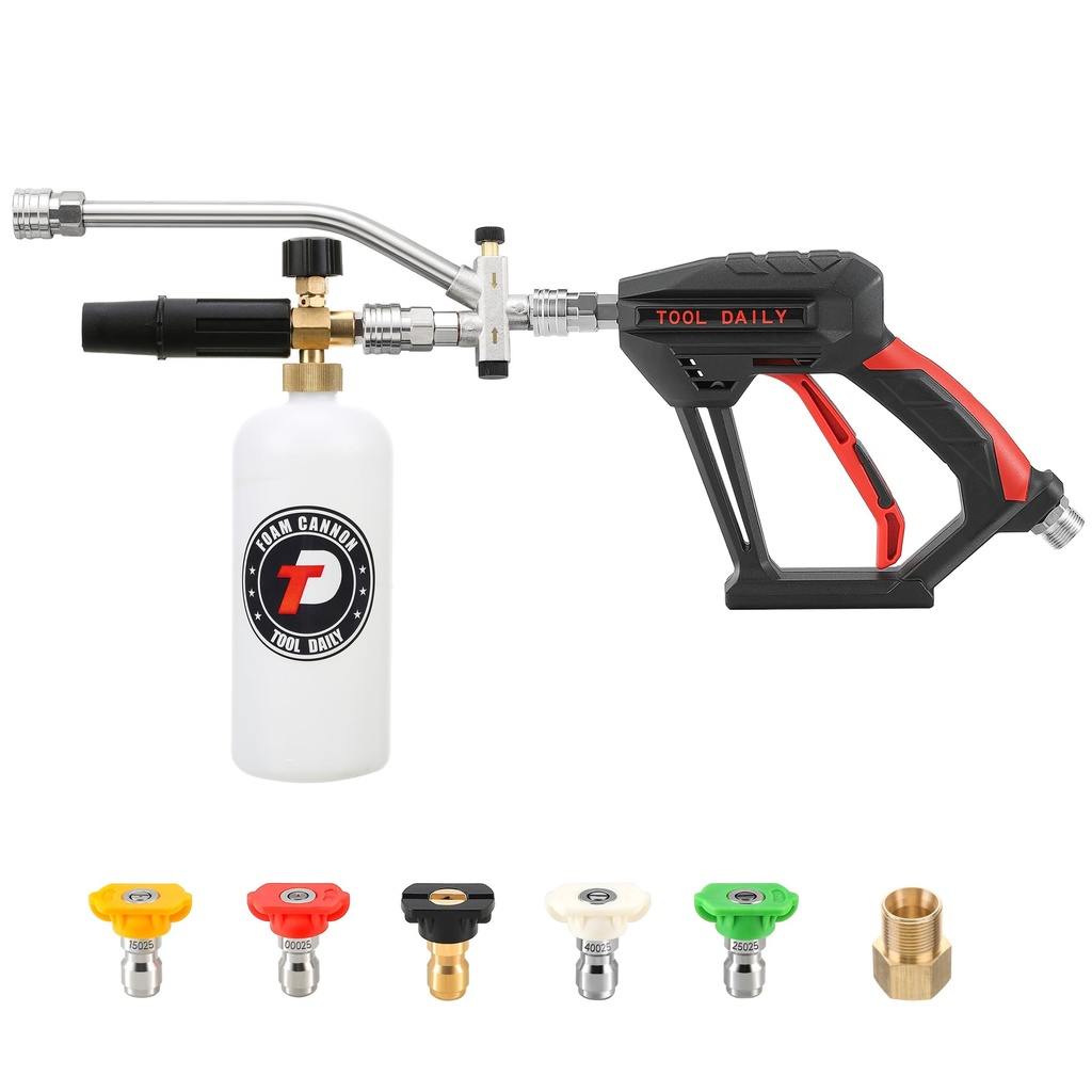 Tool Daily Short Pressure Washer Gun with Foam Cannon, Dual Connector Accessory, 1/4 Inch Q