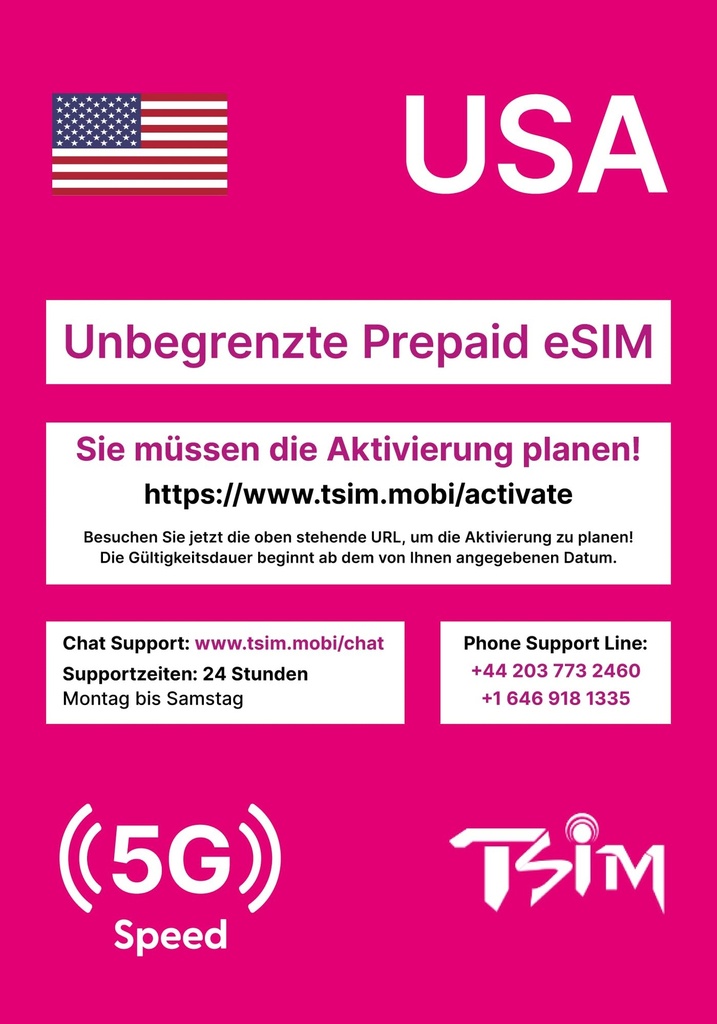eSIM for travel to the USA. Prepaid. T-Mobile network with unlimited data, calls and messages