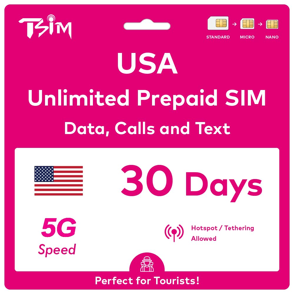 TSIM PrePaid USA SIM card. Unlimited incoming and outgoing calls/text | Ultra High Speed 5G